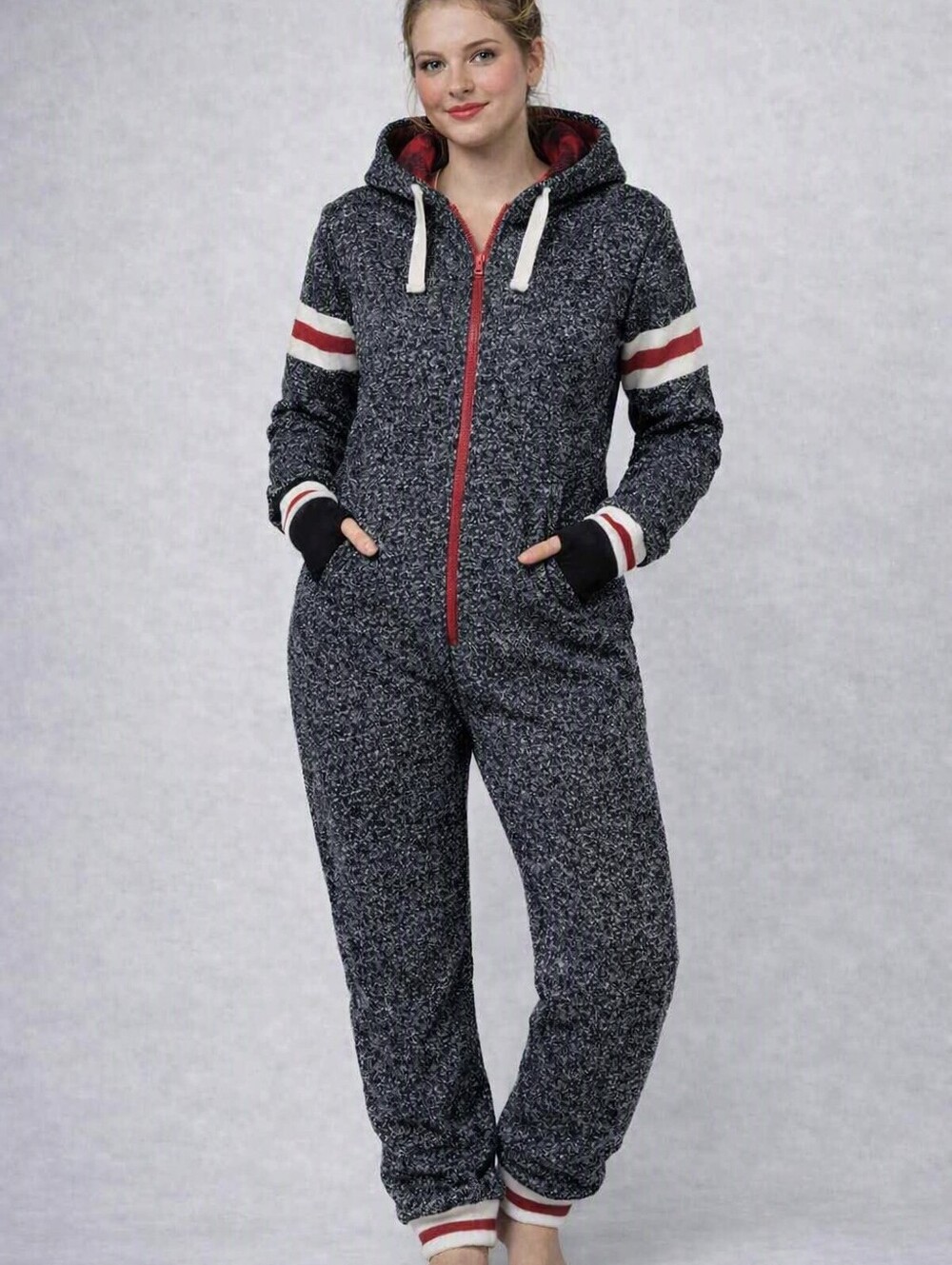 Cabin Fever Onesie Pajamas Women's XL Black Red Fleece Lined Plaid